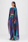 Shop_Amit Aggarwal_Multi Color Chiffon Boat Neck Metallic Watercolor Cape And Skirt Set _Online_at_Aza_Fashions