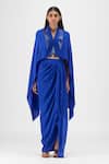 Buy_Amit Aggarwal_Blue Crepe, Viscose Open Neck Metallic Structured Cape And Skirt Set _at_Aza_Fashions