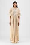 Buy Amit Aggarwal Beige Chiffon, Polyester Round Neck Pleated Layered Dress at Aza Fashions Buy_Amit Aggarwal_Beige Chiffon, Polyester Round Neck Pleated Layered Dress _at_Aza_Fashions