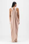 Shop Amit Aggarwal Beige Chiffon, Polyester V-neck Pleated Fluid Dress at Aza Fashions Shop_Amit Aggarwal_Beige Chiffon, Polyester V-neck Pleated Fluid Dress _at_Aza_Fashions