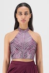 Shop Amit Aggarwal Purple Chiffon, Polyester Metallic Thread Halter Neck Woven Bustier And Skirt Set Online at Aza Fashions Shop_Amit Aggarwal_Purple Chiffon, Polyester Metallic Thread Halter Neck Woven Bustier And Skirt Set _Online_at_Aza_Fashions