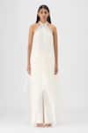 Buy_Amit Aggarwal_Off White Organza, Polyester Halter Neck Pleated Dress _at_Aza_Fashions