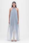 Buy_Amit Aggarwal_Gray Organza, Polyester Halter Neck Pleated Dress _at_Aza_Fashions