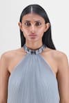 Buy_Amit Aggarwal_Gray Organza, Polyester Halter Neck Pleated Dress _Online_at_Aza_Fashions