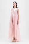 Amit Aggarwal_Rose Gold Organza, Polyester Collared Metallic Panelled Dress _Online_at_Aza_Fashions