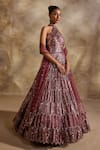 Buy_Nitika Gujral_Pink Satin, Net Sequins, Crystals Halter Neck Embellished Anarkali With Dupatta _Online_at_Aza_Fashions