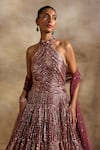 Buy_Nitika Gujral_Pink Satin, Net Sequins, Crystals Halter Neck Embellished Anarkali With Dupatta 