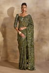 Buy_Nitika Gujral_Olive Green Organza, Lycra, Satin Beads, Sequins, Embellished Saree With Blouse _at_Aza_Fashions