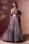 Buy_Nitika Gujral_Wine Net, Satin Beads, Sequins, Crystals, Embroidery Embellished Lehenga Set _at_Aza_Fashions