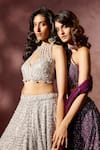 Shop_Nitika Gujral_Wine Net, Satin Beads, Sequins, Crystals, Embroidery Embellished Lehenga Set 