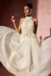 Nitika Gujral Ivory Chiffon, Satin, Organza Pearls, Fringe Halter Pleated Skirt And Blouse Set at Aza Fashions Nitika Gujral_Ivory Chiffon, Satin, Organza Pearls, Fringe Halter Pleated Skirt And Blouse Set _at_Aza_Fashions