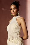 Buy Nitika Gujral Ivory Chiffon, Satin, Organza Pearls, Fringe Halter Pleated Skirt And Blouse Set Buy_Nitika Gujral_Ivory Chiffon, Satin, Organza Pearls, Fringe Halter Pleated Skirt And Blouse Set