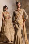 Shop Nitika Gujral Gold Net, Satin Beads, Sequins, Crystals, Pre-draped Lehenga Saree With Blouse Online at Aza Fashions Shop_Nitika Gujral_Gold Net, Satin Beads, Sequins, Crystals, Pre-draped Lehenga Saree With Blouse _Online_at_Aza_Fashions