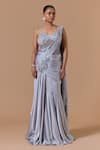 Buy Nitika Gujral Gray Satin, Net, Shantoon Beads, Crystals, Placed Pre-draped Saree With Blouse at Aza Fashions Buy_Nitika Gujral_Gray Satin, Net, Shantoon Beads, Crystals, Placed Pre-draped Saree With Blouse _at_Aza_Fashions