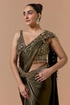 Nitika Gujral Olive Green Satin, Shantoon Embroidery, Beads, Pre-draped Saree With Blouse Online at Aza Fashions Nitika Gujral_Olive Green Satin, Shantoon Embroidery, Beads, Pre-draped Saree With Blouse _Online_at_Aza_Fashions