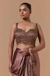 Nitika Gujral Brown Satin, Net Beads, Metallic Thread, Copper Pre-draped Saree With Blouse at Aza Fashions Nitika Gujral_Brown Satin, Net Beads, Metallic Thread, Copper Pre-draped Saree With Blouse _at_Aza_Fashions