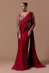 Nitika Gujral Red Satin, Net Beads, Sequins, Crystals, Pre-draped Saree With Blouse Online at Aza Fashions Nitika Gujral_Red Satin, Net Beads, Sequins, Crystals, Pre-draped Saree With Blouse _Online_at_Aza_Fashions