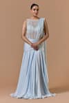 Nitika Gujral Sky Blue Net, Satin, Shantoon Pearls, Crystals Work Saree Gown With Bustier Online at Aza Fashions Nitika Gujral_Sky Blue Net, Satin, Shantoon Pearls, Crystals Work Saree Gown With Bustier _Online_at_Aza_Fashions