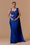 Buy Nitika Gujral Blue Satin, Organza, Shantoon Royal Pre-draped Saree With Embroidered Blouse at Aza Fashions Buy_Nitika Gujral_Blue Satin, Organza, Shantoon Royal Pre-draped Saree With Embroidered Blouse _at_Aza_Fashions