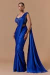 Nitika Gujral Blue Satin, Organza, Shantoon Royal Pre-draped Saree With Embroidered Blouse Online at Aza Fashions Nitika Gujral_Blue Satin, Organza, Shantoon Royal Pre-draped Saree With Embroidered Blouse _Online_at_Aza_Fashions