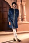 Arihant Rai Sinha Navy Velvet, Dupion, Silk Embroidery, Metallic Thread, Sherwani And Pant Set Arihant Rai Sinha_Navy Velvet, Dupion, Silk Embroidery, Metallic Thread, Sherwani And Pant Set