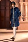 Arihant Rai Sinha Navy Velvet, Dupion, Silk Embroidery, Metallic Thread, Sherwani And Pant Set Arihant Rai Sinha_Navy Velvet, Dupion, Silk Embroidery, Metallic Thread, Sherwani And Pant Set