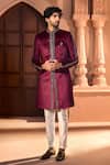 Arihant Rai Sinha Wine Velvet, Dupion, Silk Embroidery Sherwani And Pant Set Arihant Rai Sinha_Wine Velvet, Dupion, Silk Embroidery Sherwani And Pant Set
