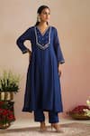 Shop_Trendy Tokari_Blue Chanderi Silk, Organza Embroidery V-neck Hand Kurta Set _Online_at_Aza_Fashions