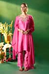 Samyukta Singhania Pink Silk Embroidery, Metallic Thread, Sequins V-neck Hand Kurta Set at Aza Fashions Samyukta Singhania_Pink Silk Embroidery, Metallic Thread, Sequins V-neck Hand Kurta Set _at_Aza_Fashions