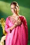 Samyukta Singhania Pink Silk Embroidery, Metallic Thread, Sequins V-neck Hand Kurta Set Samyukta Singhania_Pink Silk Embroidery, Metallic Thread, Sequins V-neck Hand Kurta Set