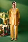 Samyukta Singhania Mustard Silk Embroidery, Mirrors V-neck Hand Tunic And Pant Set Online at Aza Fashions Samyukta Singhania_Mustard Silk Embroidery, Mirrors V-neck Hand Tunic And Pant Set _Online_at_Aza_Fashions