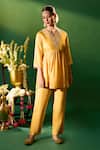 Shop Samyukta Singhania Mustard Silk Embroidery, Mirrors V-neck Hand Tunic And Pant Set Online at Aza Fashions Shop_Samyukta Singhania_Mustard Silk Embroidery, Mirrors V-neck Hand Tunic And Pant Set _Online_at_Aza_Fashions