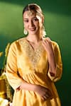 Buy Samyukta Singhania Mustard Silk Embroidery, Mirrors V-neck Hand Tunic And Pant Set Online Buy_Samyukta Singhania_Mustard Silk Embroidery, Mirrors V-neck Hand Tunic And Pant Set _Online