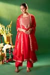 Samyukta Singhania Red Organza, Silk, Shantoon Embroidery, Zari Round Neck Kurta Set Samyukta Singhania_Red Organza, Silk, Shantoon Embroidery, Zari Round Neck Kurta Set