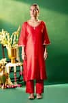 Shop Samyukta Singhania Red Chanderi Silk Embroidery, Stones, Tassels V-neck Hand Kurta Set Online at Aza Fashions Shop_Samyukta Singhania_Red Chanderi Silk Embroidery, Stones, Tassels V-neck Hand Kurta Set _Online_at_Aza_Fashions