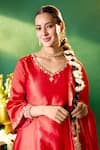 Samyukta Singhania Red Chanderi Silk Embroidery, Stones, Tassels V-neck Hand Kurta Set Samyukta Singhania_Red Chanderi Silk Embroidery, Stones, Tassels V-neck Hand Kurta Set