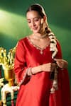 Samyukta Singhania Red Chanderi Silk Embroidery, Stones, Tassels V-neck Hand Kurta Set Samyukta Singhania_Red Chanderi Silk Embroidery, Stones, Tassels V-neck Hand Kurta Set