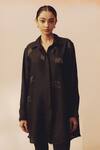 Buy_Kavya Singh Kundu_Black Silk Embroidery, Metallic Thread Collared, V-neck Bru Hand Shirt _Online_at_Aza_Fashions