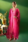 Shop Samyukta Singhania Pink Silk Embroidery, Sequins Split V-neck Hand Kora Kurta Set Online at Aza Fashions Shop_Samyukta Singhania_Pink Silk Embroidery, Sequins Split V-neck Hand Kora Kurta Set _Online_at_Aza_Fashions