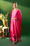 Samyukta Singhania Pink Silk Embroidery, Sequins Split V-neck Hand Kora Kurta Set at Aza Fashions Samyukta Singhania_Pink Silk Embroidery, Sequins Split V-neck Hand Kora Kurta Set _at_Aza_Fashions