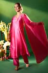 Samyukta Singhania Pink Silk Embroidery, Sequins Split V-neck Hand Kora Kurta Set Online Samyukta Singhania_Pink Silk Embroidery, Sequins Split V-neck Hand Kora Kurta Set _Online