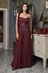 Buy_BAANI KHURANA_Burgundy Net, Chiffon Embroidery, Beads Sweetheart Neck Top Sharara Set _at_Aza_Fashions