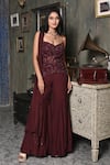 Shop_BAANI KHURANA_Burgundy Net, Chiffon Embroidery, Beads Sweetheart Neck Top Sharara Set _at_Aza_Fashions
