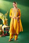 Samyukta Singhania_Mustard Silk, Shantoon, Chiffon Embroidery, Sequins, Stones, Yoke Kurta Set _Online