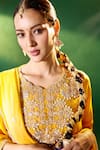 Samyukta Singhania_Mustard Silk, Shantoon, Chiffon Embroidery, Sequins, Stones, Yoke Kurta Set 