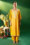 Samyukta Singhania_Mustard Silk, Shantoon, Chiffon Embroidery, Sequins, Stones, Yoke Kurta Set 