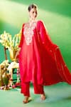 Samyukta Singhania Red Silk, Shantoon, Chiffon Embroidery Split V-neck Kurta Pant Set at Aza Fashions Samyukta Singhania_Red Silk, Shantoon, Chiffon Embroidery Split V-neck Kurta Pant Set _at_Aza_Fashions