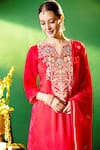 Shop Samyukta Singhania Red Silk, Shantoon, Chiffon Embroidery Split V-neck Kurta Pant Set Shop_Samyukta Singhania_Red Silk, Shantoon, Chiffon Embroidery Split V-neck Kurta Pant Set