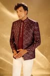 Shop_Arihant Rai Sinha_Wine Silk Embroidery Geometric Resham Bandhgala Set _Online