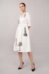 Abraham And Thakore_Ivory Linen Sequins V-neck Architecture Print Dress _Online_at_Aza_Fashions